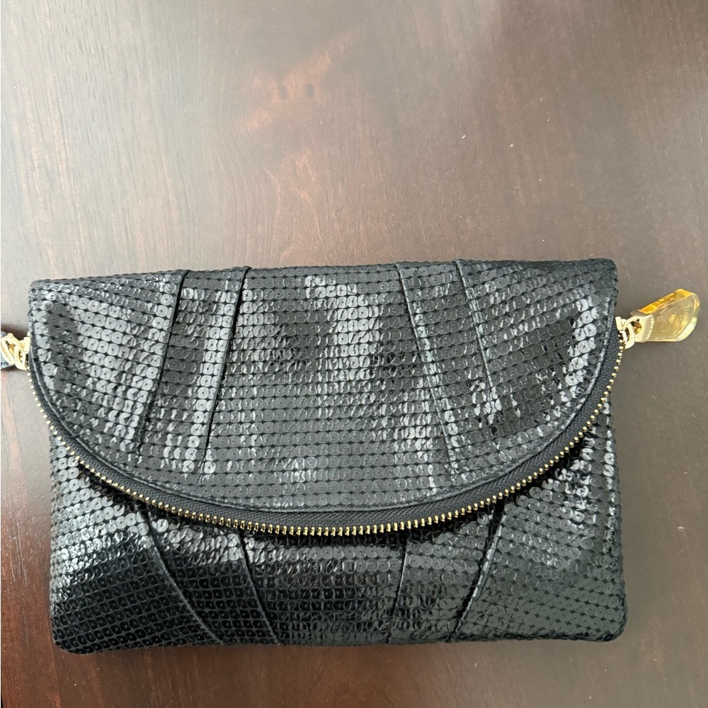 Henri Bendel Black Textured Clutch with Gold Accents